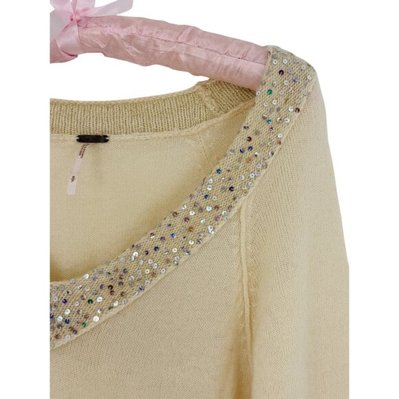 Vintage Free People Sequin V-Neck Cream Knit Sweater | Luxe Boho Soft Girl Y2K S - Picture 3 of 15